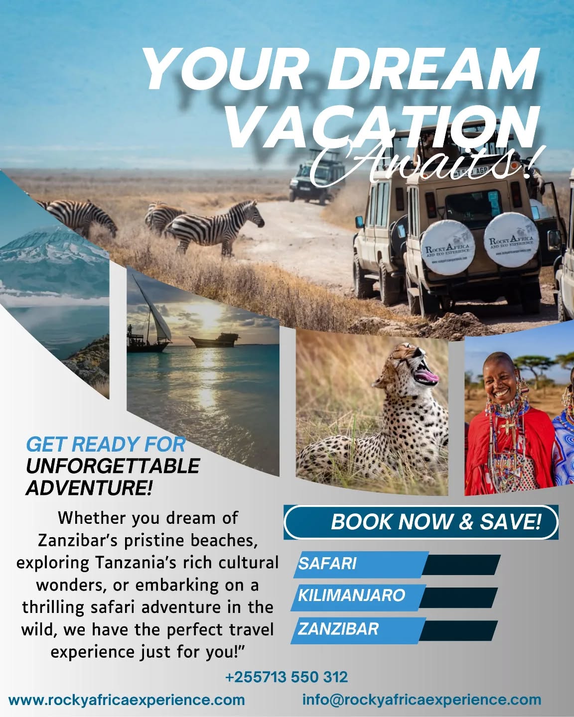 From thrilling safaris across iconic wildlife parks to conquering Mount Kilimanjaro and unwinding on the white-sand beaches of Zanzibar—this is more than a tour, it’s a once-in-a-lifetime experience. 
Travel with experts, immerse yourself in culture, and create memories that will stay with you forever.

🎥 Join us for an authentic Tanzanian experience, where every adventure tells a story.

📞 Contact & Bookings:

🌍 Website: www.rockyafricaexperience.com
📧 Email: info@rockyafricaexperience.com
📱 Phone/WhatsApp: +255 713550312

Follow us for more stories and adventure inspirations!

#RockyAfricaExperience 
#WildlifeAdventure  #SafariExperience  #AdventureAwaits
#AfricanSafari #TanzaniaAdventure #DreamVacation  #SafariLife #VisitTanzania #ExploreAfrica #ZanzibarBeaches #KilimanjaroTrek #WildlifeExperience #TravelAfrica #BookYourAdventure