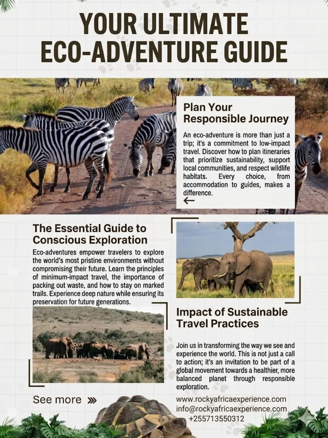 An Eco-Adventure is more than just a vacation; it’s a conscious choice to explore our world’s most breathtaking landscapes while ensuring they remain pristine for generations to come. At Rocky Africa Experience, we believe that travel should give back as much as it takes.
From the majestic elephants of the savanna to the smallest details of the ecosystem, every journey with us supports local communities and prioritizes wildlife preservation. It’s time to travel with purpose.
👣 Leave only footprints.
📸 Take only memories.
🇹🇿 Experience the heart of Africa responsibly.
🔗 Start your journey: www.rockyafricaexperience.com
📧 Inquiries: info@rockyafricaexperience.com
📞 WhatsApp/Call: +255 713 550 312
#EcoAdventure #SustainableTravel #RockyAfricaExperience #WildlifeConservation #SafariLife #TanzaniaTravel #ResponsibleTourism #NatureLovers