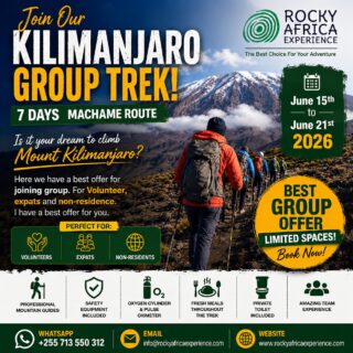 🚨 JOIN OUR KILIMANJARO GROUP TREK 2026! 🏔️🔥
Have you ever dreamed of standing on the Roof of Africa?
Now is your chance to experience the adventure of a lifetime with our 7 Days Machame Route Group Climb on Mount Kilimanjaro!
📅 Date: June 15th – June 21st, 2026
📍 Route: Machame Route
🌍 Perfect for Volunteers, Expats & Non-Residents
✅ Professional mountain guides
✅ Oxygen cylinder & pulse oximeter
✅ Fresh meals throughout the trek
✅ Private toilet included
✅ High summit success rate
✅ Amazing international group experience
Join a friendly group of adventurers and explore the beautiful rainforest, moorlands, alpine desert, and finally the snowy summit of Uhuru Peak! 🏔️❄️
Limited spaces available — reserve your spot now!
📲 WhatsApp: +255 713 550 312
📧 Email:
info@rockyafricaexperience.com
🌐 Website: Rocky Africa Experience
#Kilimanjaro #MountKilimanjaro #MachameRoute #ClimbKilimanjaro #TanzaniaAdventure #HikingAfrica #Trekking #SafariAndClimb #VolunteerAfrica #ExpatsInAfrica #TravelAfrica #AdventureTravel #UhuruPeak #RockyAfricaExperience