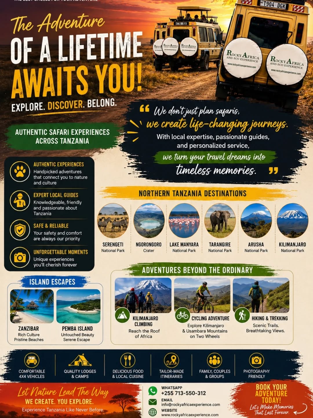 At Rocky Africa Experience, we go beyond ordinary travel — we create meaningful journeys filled with wildlife encounters, stunning landscapes, rich culture, and unforgettable moments. Whether you dream of witnessing the Great Migration, climbing Africa’s highest peak, cycling through scenic mountain trails, or relaxing on the crystal-clear beaches of Zanzibar and Pemba Island, your perfect adventure begins here.
📍 Explore Northern Tanzania & Tropical Island Paradise
📸 Perfect for Couples, Families, Groups & Adventure Seekers
Let nature lead the way while Rocky Africa Experience turns your travel dreams into unforgettable memories.
📞 WhatsApp: +255 713 550 312
📧 info@rockyafricaexperience.com
🌐 www.rockyafricaexperience.com
#RockyAfricaExperience #TanzaniaSafari #ExploreTanzania #SerengetiSafari #KilimanjaroClimb #ZanzibarBeach #PembaIsland #AfricanAdventure #SafariLife #TravelAfrica #NatureLovers #BigFiveSafari #LuxurySafari #AdventureAwaits #VisitTanzania #WildlifePhotography #HikingAdventure #CyclingAdventure